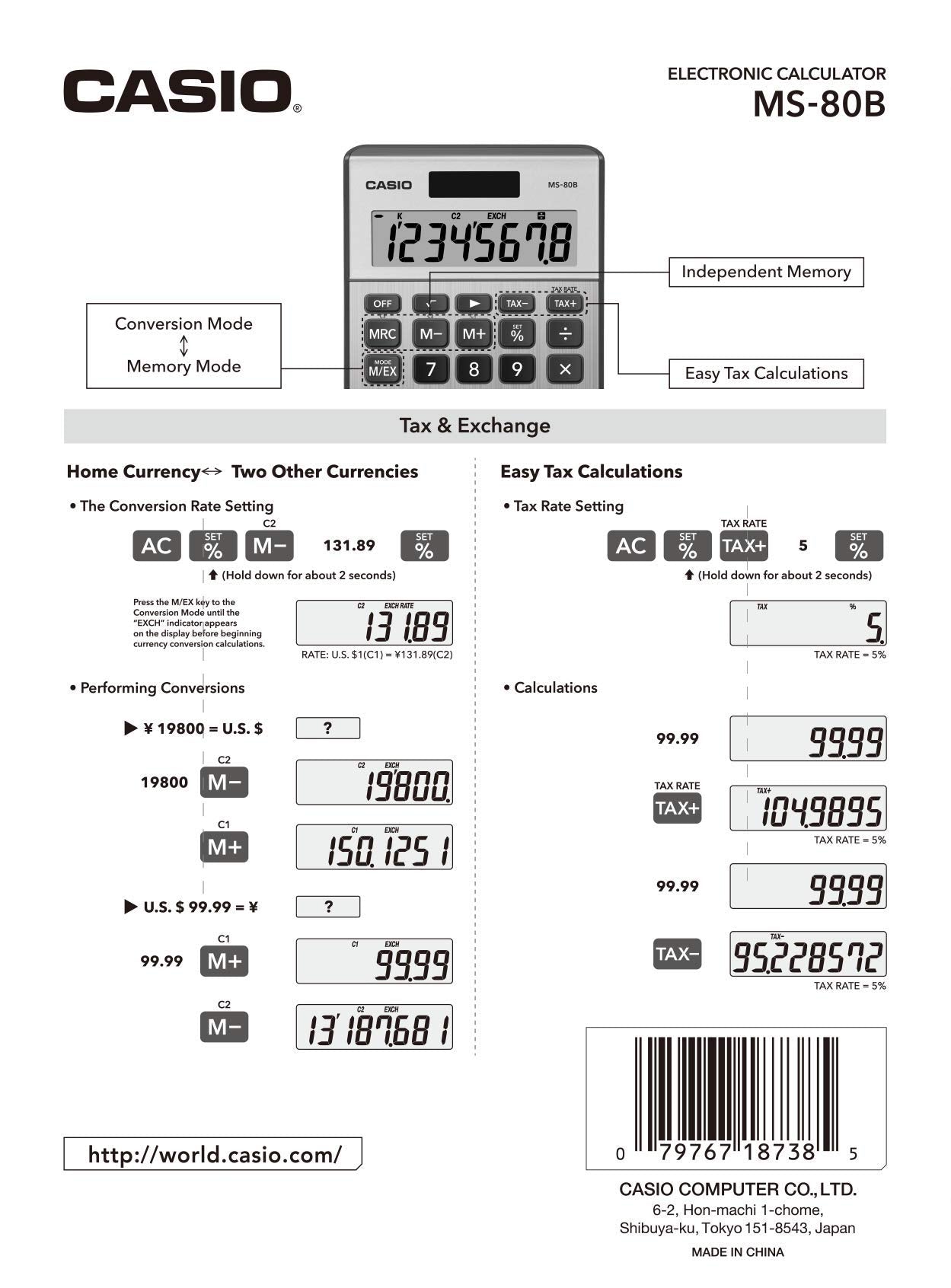Casio MS-80B Calculator - Desktop Calculator with Tax & Currency Tools | General Purpose | Large Display | Ideal for Home, Office & Everyday Math