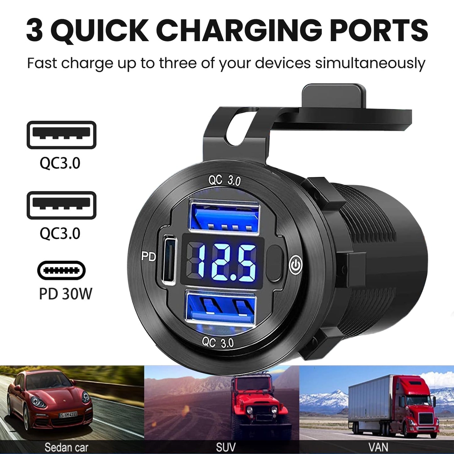 12V USB Car Socket, 3-Port Marine Aluminum USB Quick Charge Waterproof Cigarette Round USB C 12V Outlet for Car Golf Cart Boat Marine Bus Truck RV