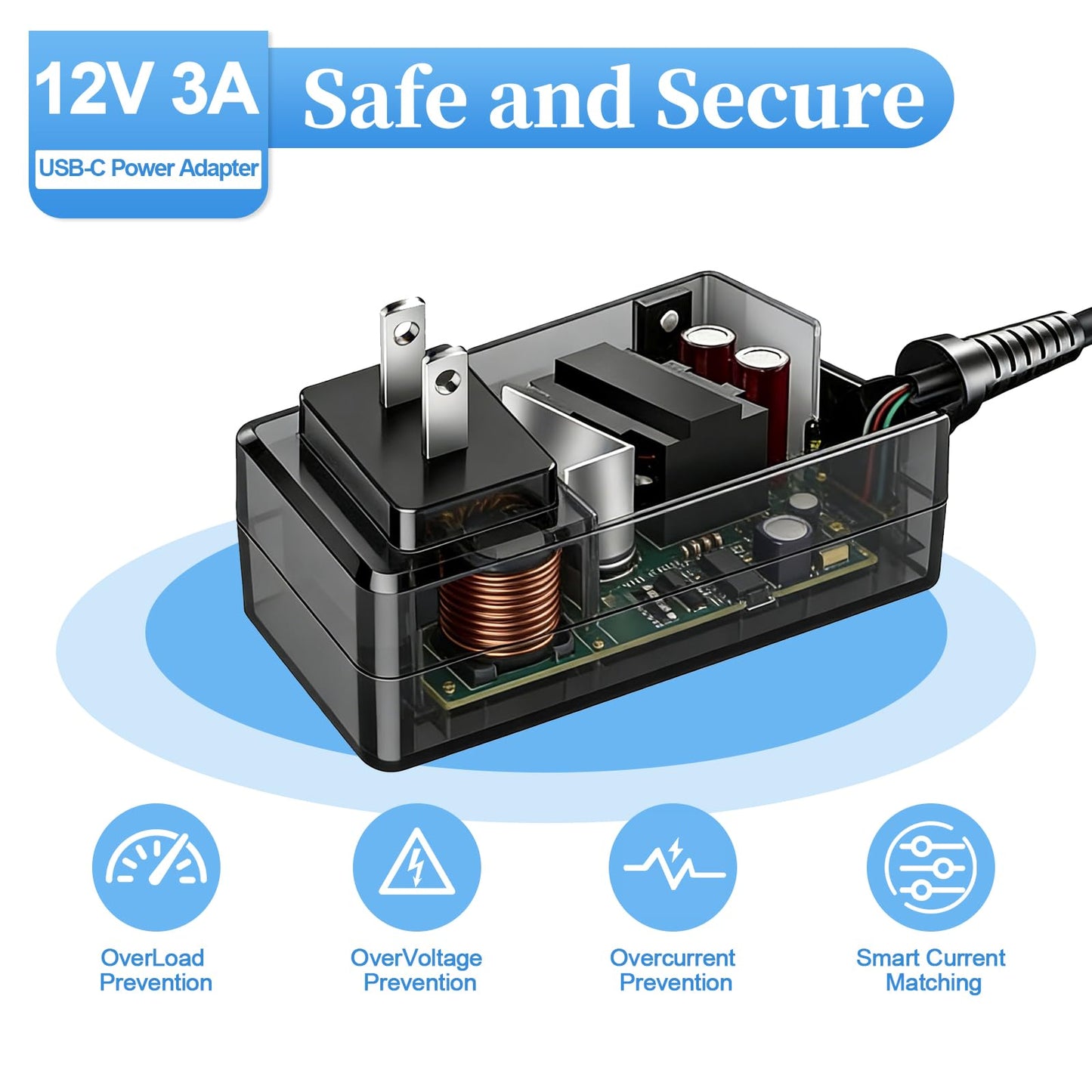 12V 3A USB-C Power Supply | Universal Charger for MeLE Mini PC, AVAPOW Jump Starter & Compatible with 12V 2A/12V 1A Devices | UL Standard Wall Mount