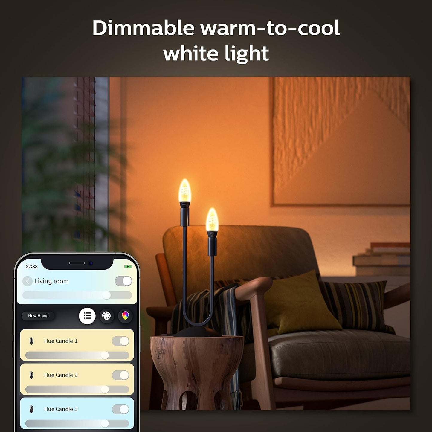 Philips Hue Smart 40W Candle-Shaped Filament LED Bulb - White Ambiance Warm-to-Cool White Light - 2 Pack - 350LM - E12 - Indoor - Control with Voice