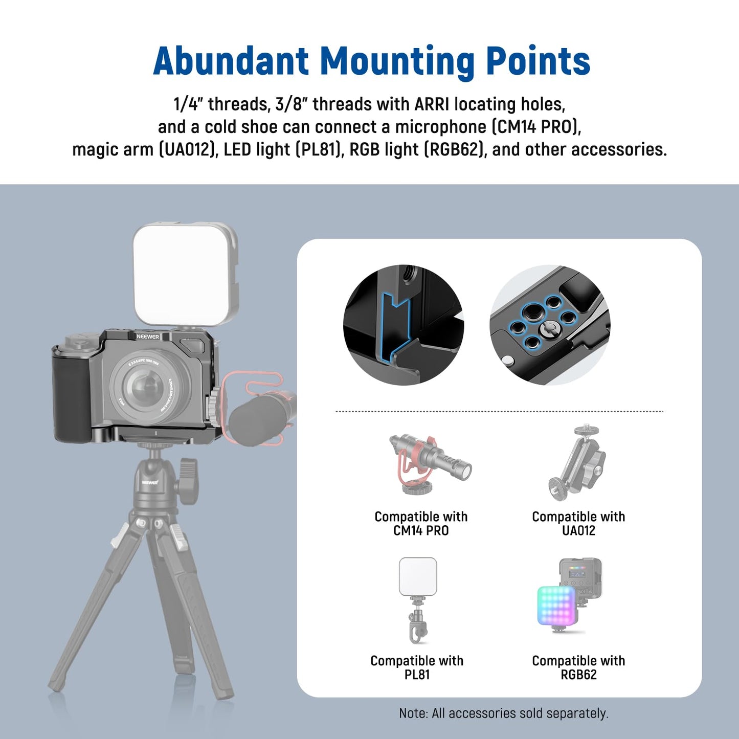 NEEWER ZV-E10 Camera Cage with Silicone Grip, 1/4" Threads, 3/8" ARRI Locating Holes, Arca Type QR Base, Protective Metal Video Rig Compatible