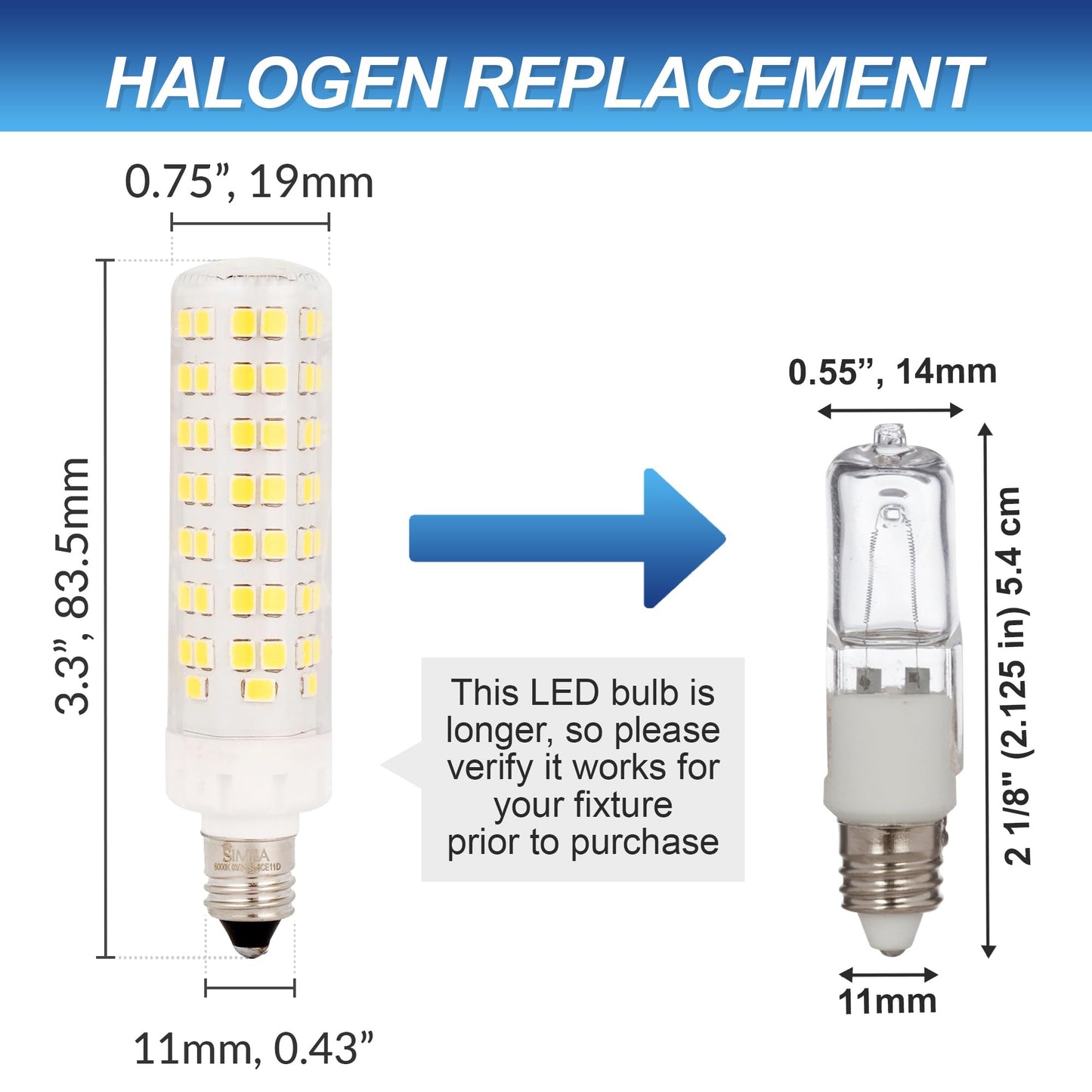 Simba Lighting LED T6 8W Mini-Candelabra JD Light Bulb E11, 6000K, 4 Pack