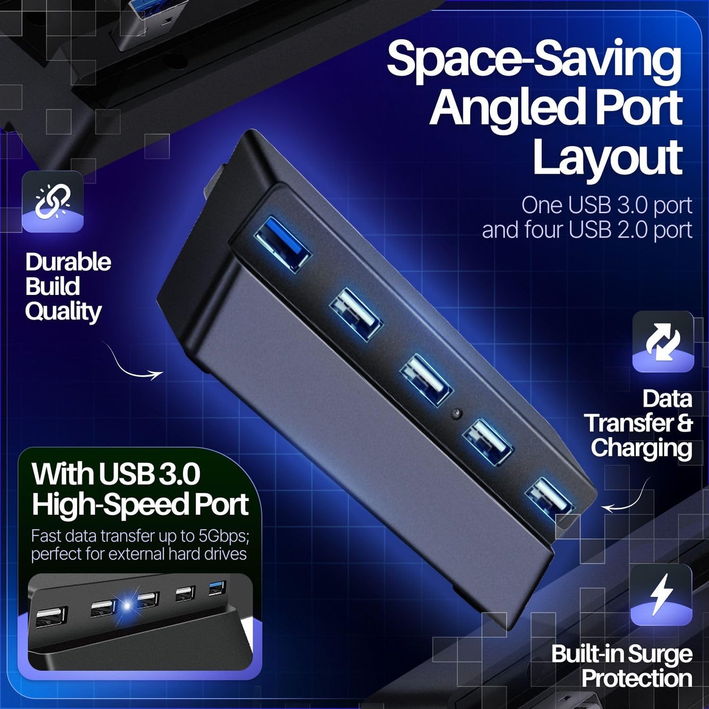 TNP 5 Port USB Hub for PS4 Slim Edition - USB 3.0/2.0 High Speed Extender Adapter Accessories Expansion Hub Connector Splitter Expander