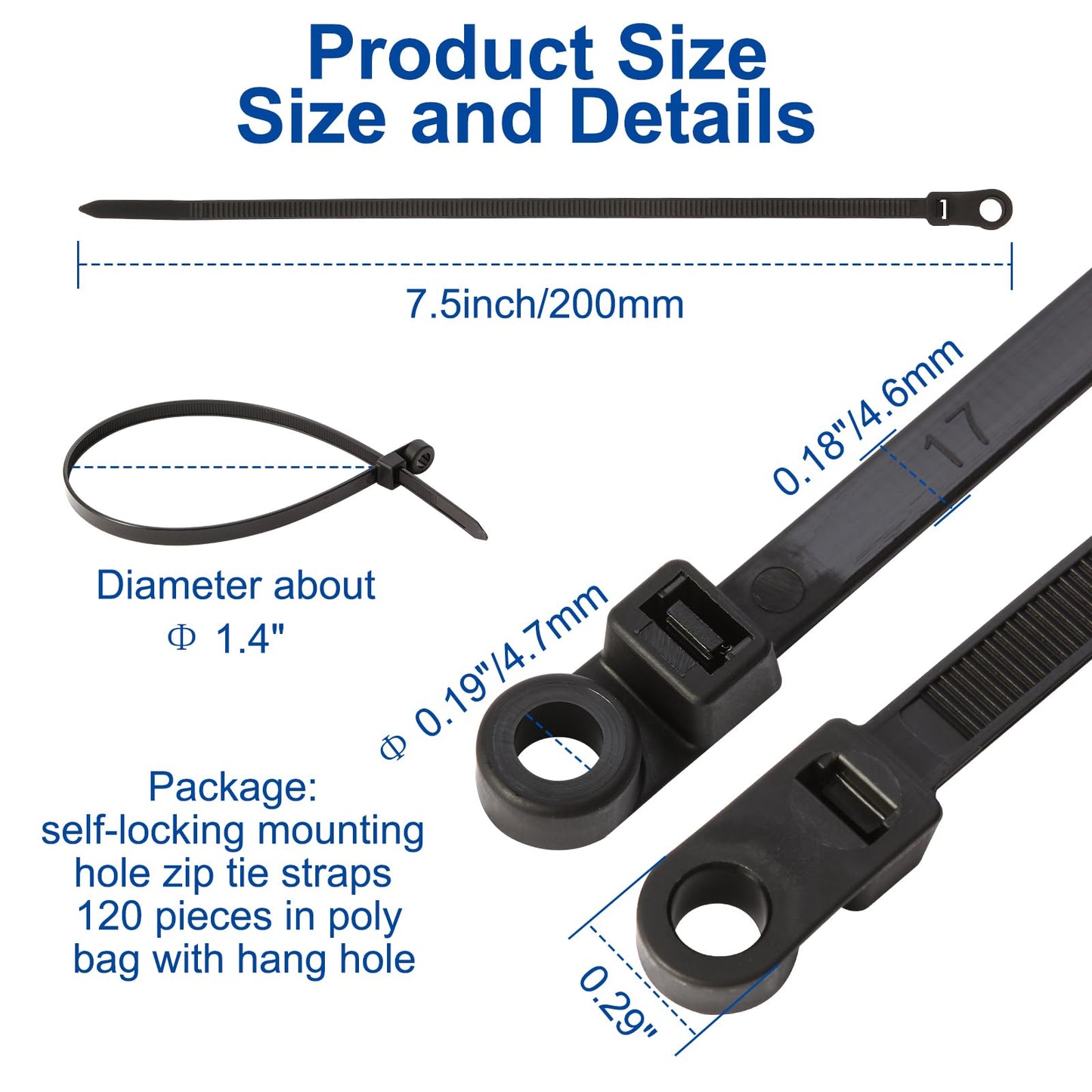 120 PCS 7.5 Inch Plastic Zip Ties with Screw Holes, Heavy Duty Mountable Cable Ties, UV Resistant Electrical Zip Ties for Indoor & Outdoor (Black)