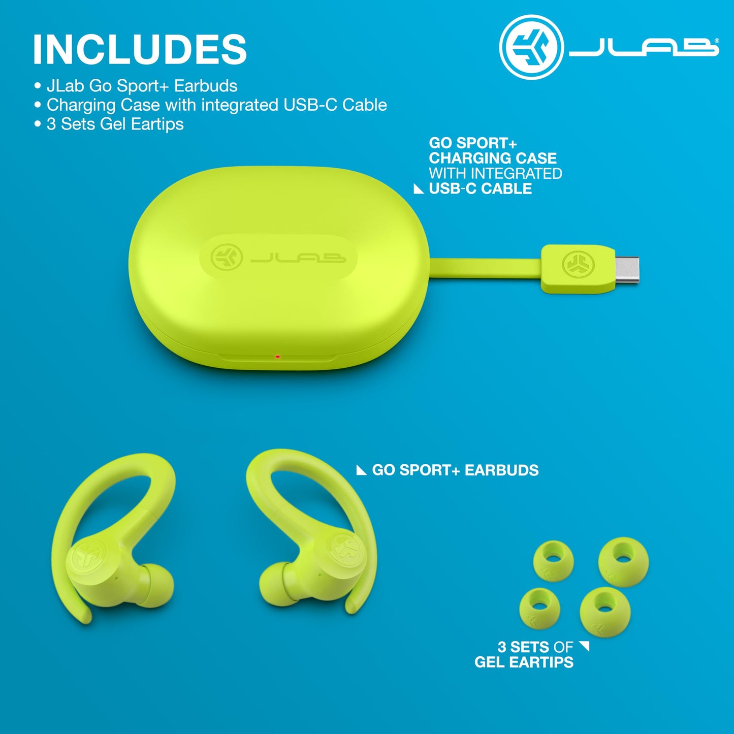 JLab, Go Sport+, True Wireless Workout Earbuds, Bluetooth Sport Earbuds, Clear Calling, Yellow