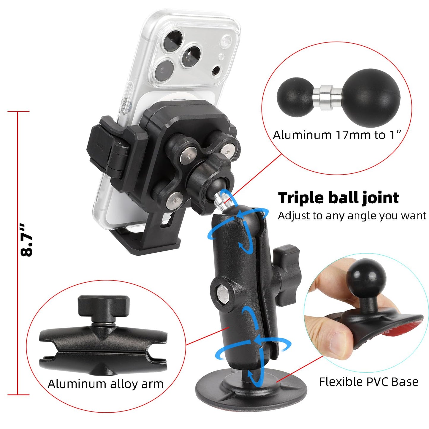 FPN Dashboard Phone Holder for Car, Truck, Boat - Vibration Dampener [Camera Friendly] [1s Lock & Release] [Aluminum Medium Arm], Flex Adhesive 1"
