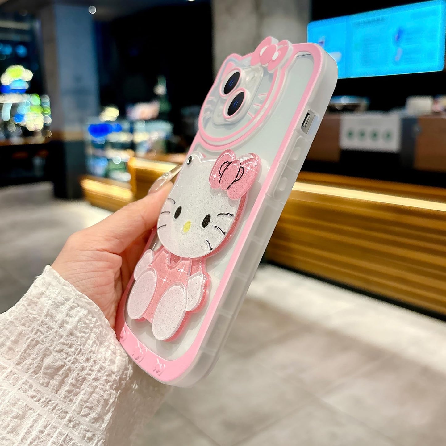 Steuscey for iPhone 14 Cute Cartoon Case, 3D Bow Funny Kawaii Cartoon Cat Case with Mini Makeup Mirror for Girls Women Soft Silicone Clear Shockproof