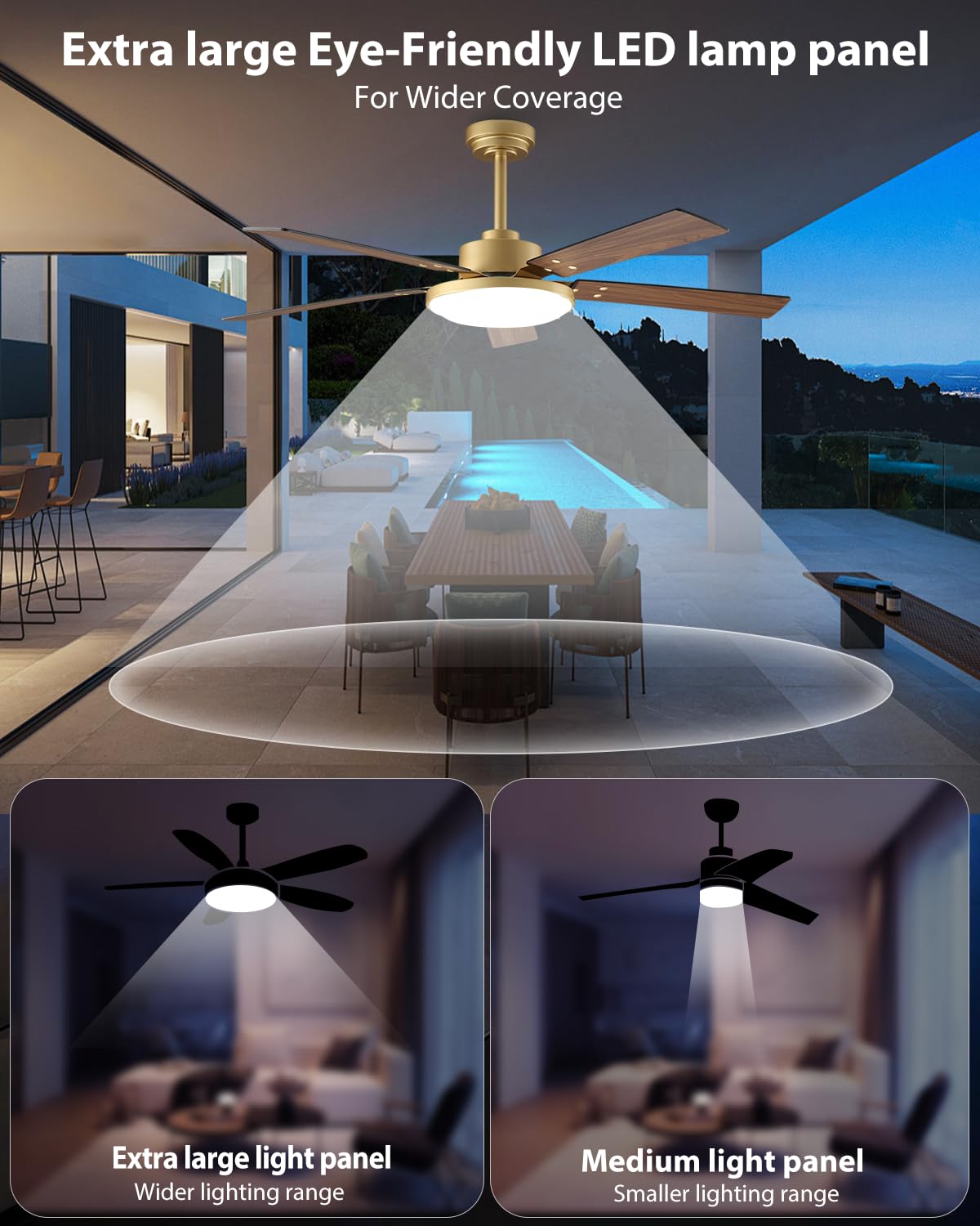 Vaczon 52 Inch Gold Ceiling Fans with Lights and Remote/APP, Modern Sleek
