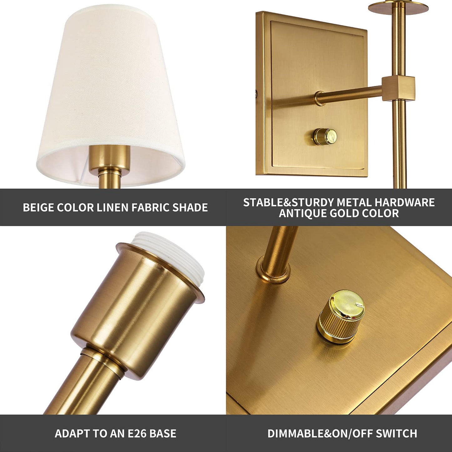 Rizzyluz Gold Wall Sconce Lighting Modern Wall Sconce, Modern Bathroom Vanity Light Fixture Dimmable with On Off Dimmer Switch Linen Fabric Shade