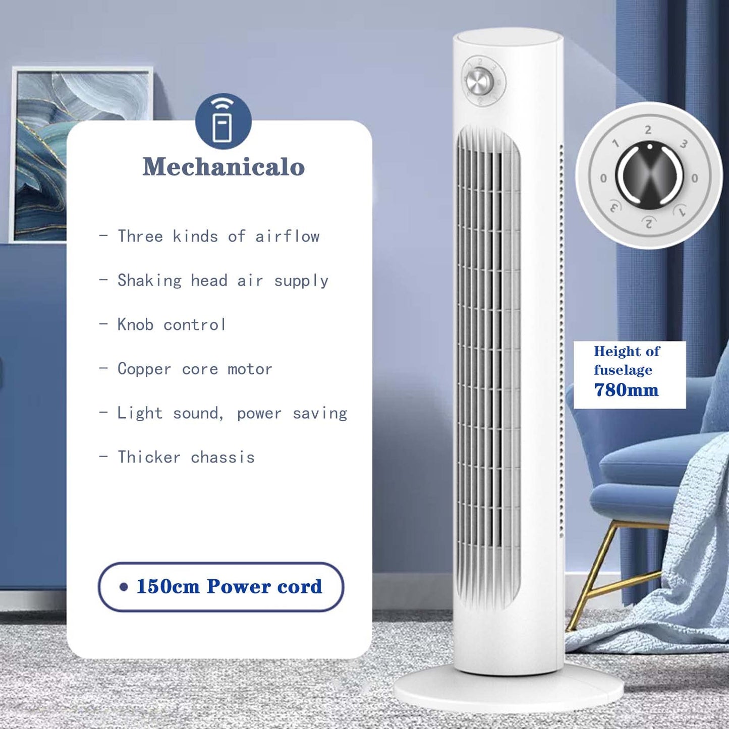 BNE Silent leafless Tower Fan with Remote Control, 3 Modes, 3 speeds, 60° Swing Head, 12-Hour Timer, can be Used in the Bedroom, Office, 78cm high