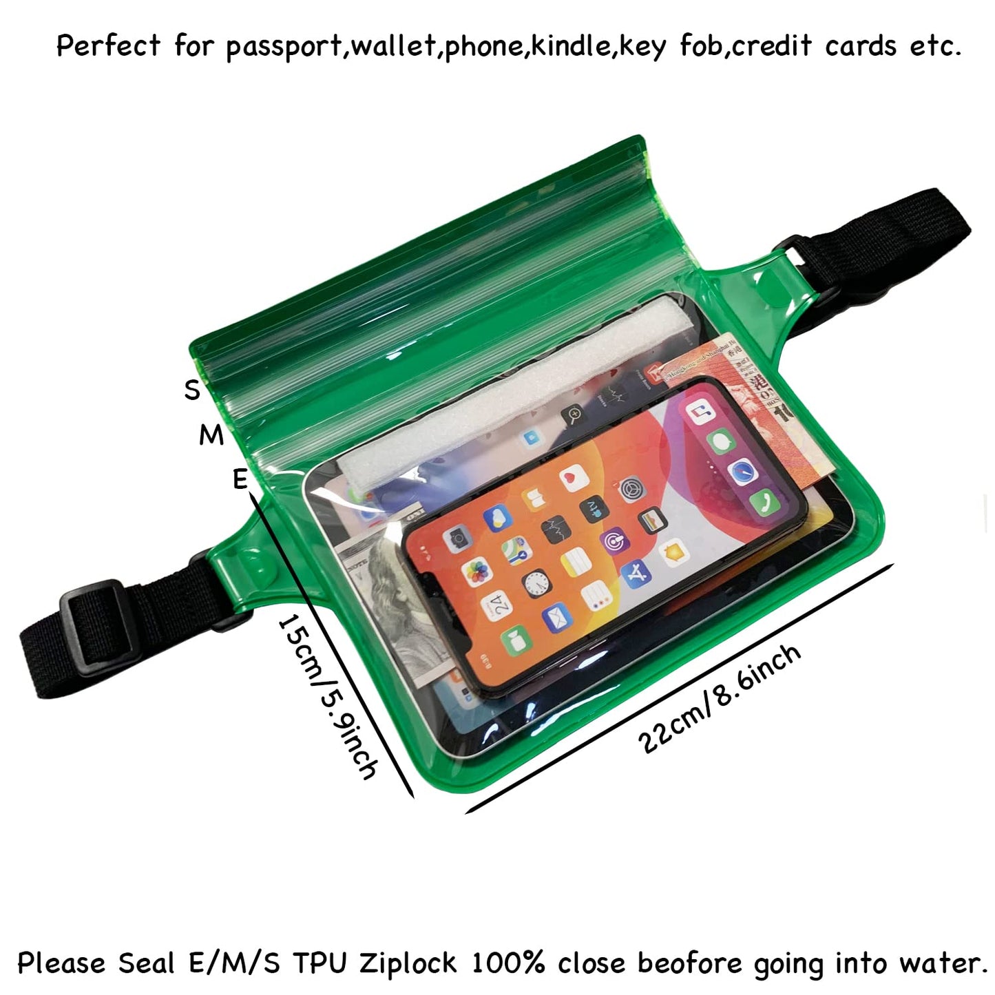 EMSEEK Waterproof Waist Pouch Dry Belt Bag Fanny Pack Keep Your Key Fob Wallet Kindle Phone Dry Perfect For Swim Surf Snorkel(Green)