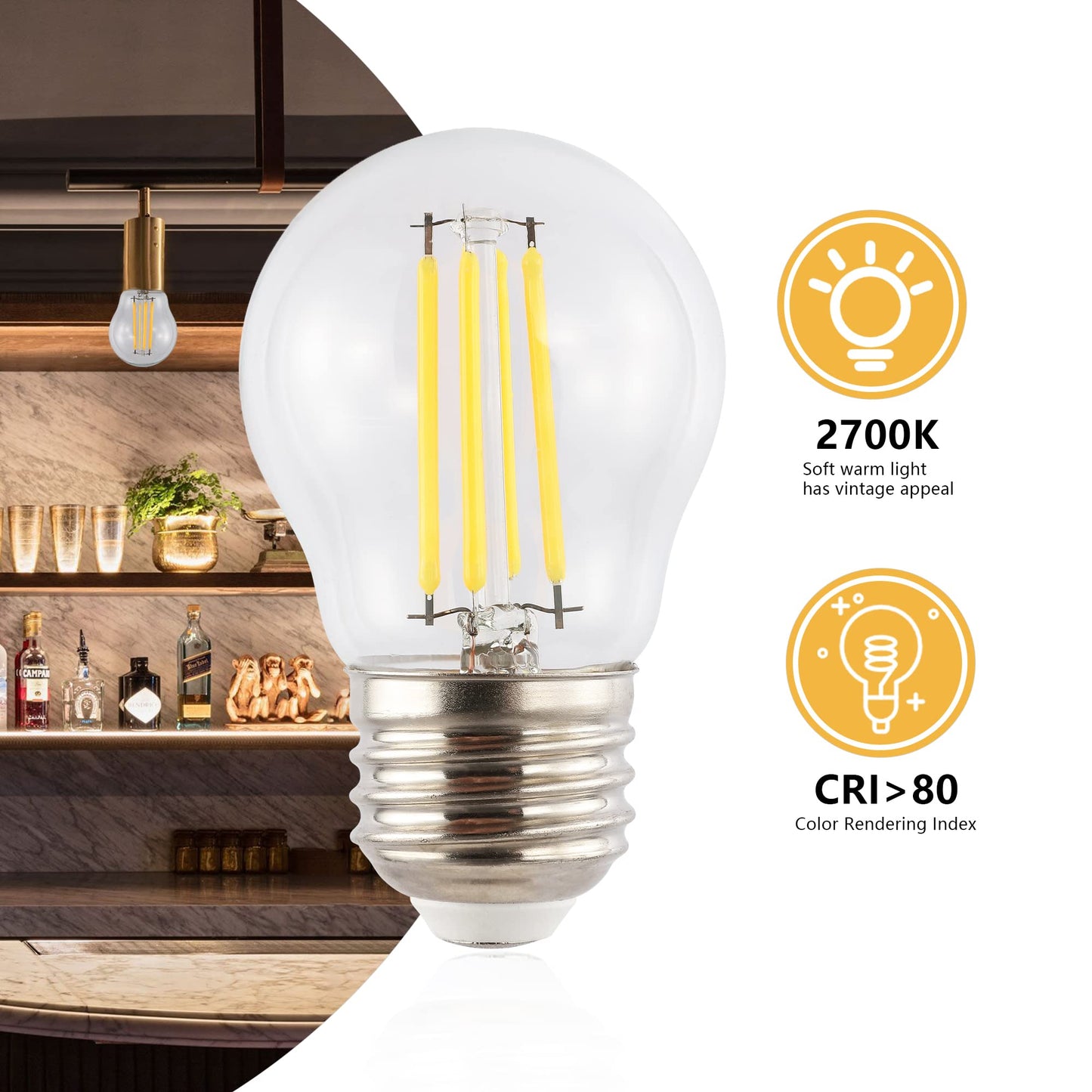 JONATHAN Y 4W LED Edison Light Bulbs Round Clear Glass E26 Base, Pack of 6