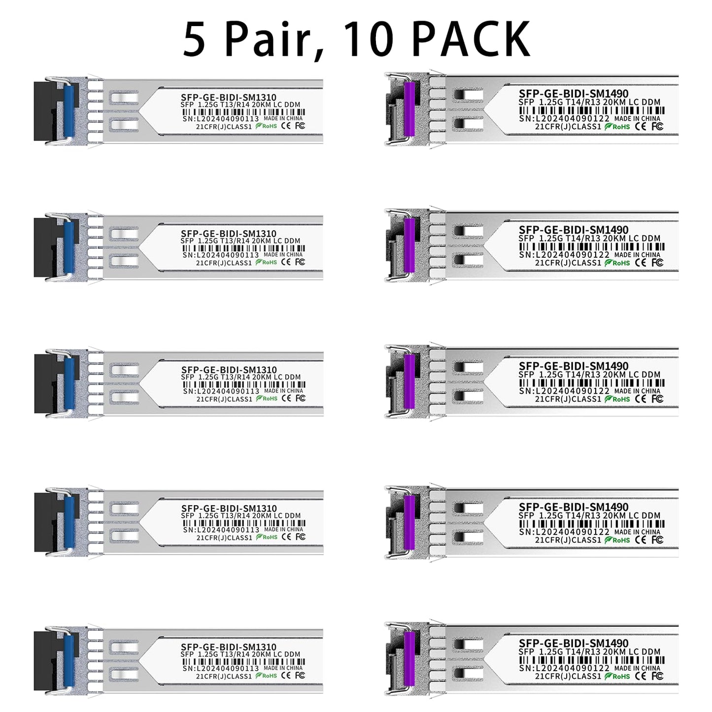 5 Pair 1.25G BiDi SFP Fiber Transceiver Module, 1000BASE-BX-D, Single-Mode Simplex LC, Tx/Rx 1490nm/1310nm, DDM, SMF, Compatible with Cisco