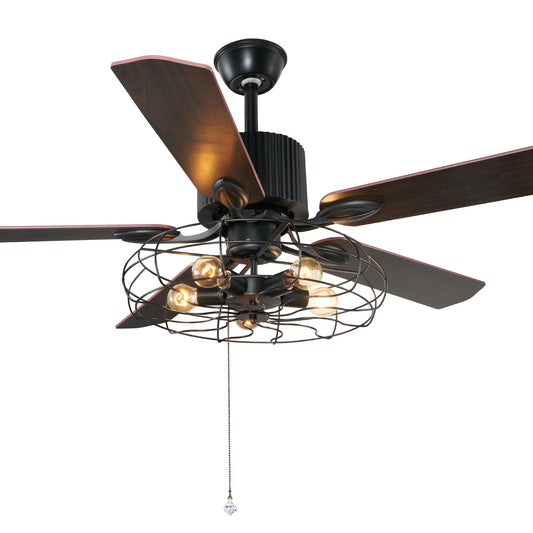 efperfect 52Inch Industrial Ceiling Fan with Light, Vintage Metal Cage Ceiling Fans Reversible Retro 5 Wood Blades Remote 3 Speeds Timer Light Fixture