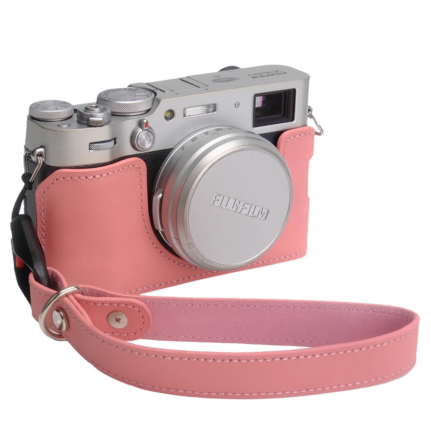 Bowan X100V Camera Case, Handmade Genuine Real Leather Half Camera Case Bag Cover for Fujifilm X100V Camera Bottom Opening Version + Hand Strap (Pink)