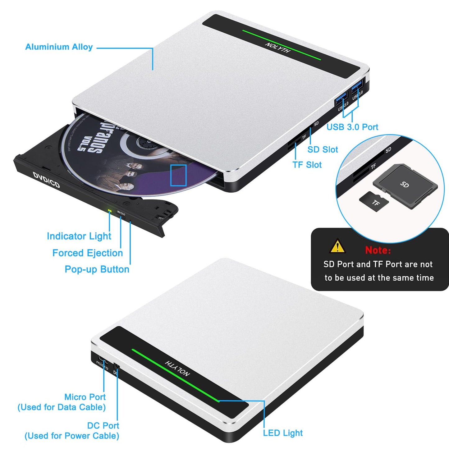NOLYTH External CD Drive for Laptop: Portable USB3.0 DVD ROM Burner - Optical USB C CD/DVD Player with SD/TF/2 USB Ports Compatible with Apple Mac