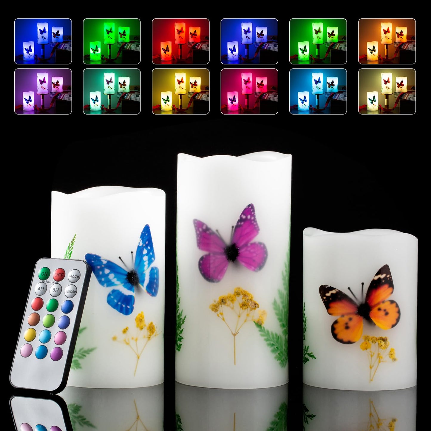UNIVELA Candles Set of 3 Flameless 4" 5" 6" Unscented Tealight Butterfly Flower Plants Decor Real Wax Pillar Candle LED Lights 12 Color Changing 4H 8H