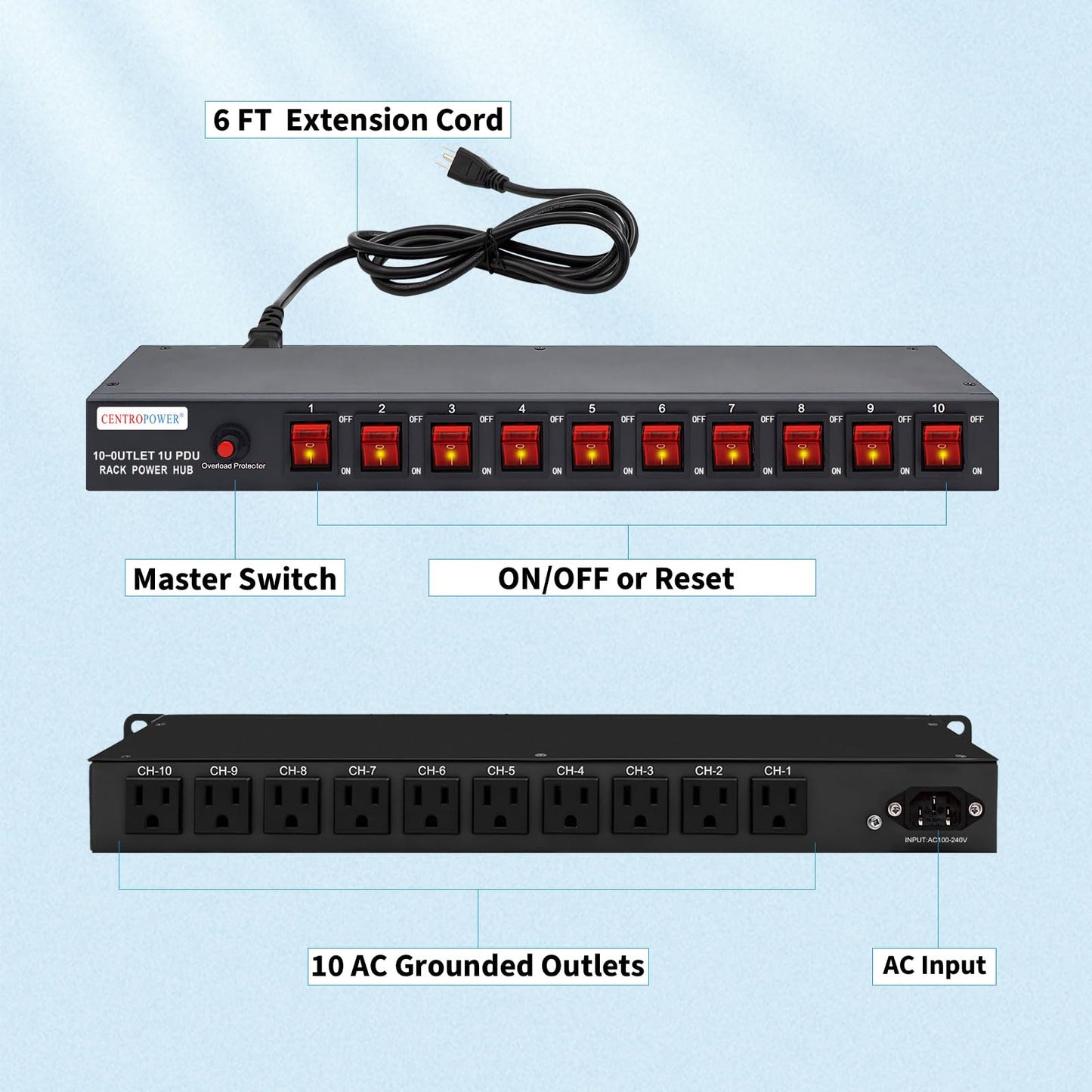 1U PDU Horizontal Rackmount Power Strip - Surge Protector 10 NEMA 5-15R Outlet 100V-240V/15A 1800 Joules, 10 Independent LED Switches, w/6 ft Cord