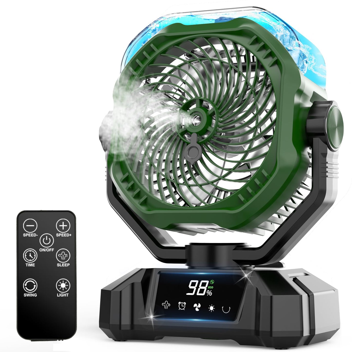 COZII Misting Fan Portable, 20000mAh Camping Fan Rechargeable with Mist - Mister with 360ml Water Tank, Touch Screen, 5 Speeds, 3 Colors LED Lantern