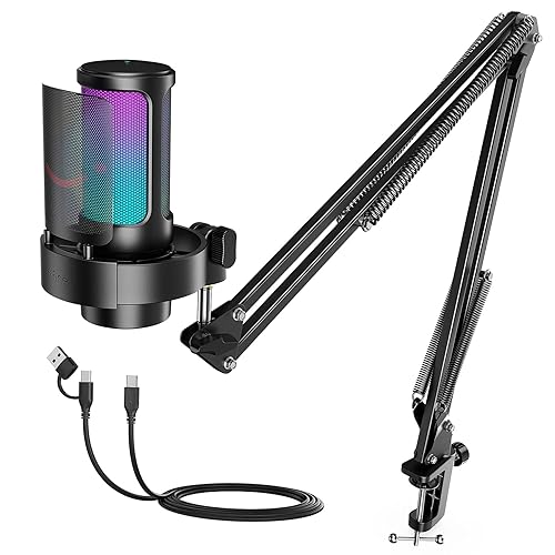 FIFINE USB Gaming Microphone Kit, PC Streaming Mic with RGB Lights, Mute, Gain Knob, Metal Boom Arm for Recording Podcast, Condenser Computer