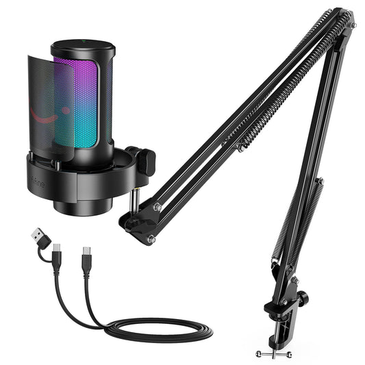 FIFINE USB Gaming Microphone Kit, PC Streaming Mic with RGB Lights, Mute, Gain Knob, Metal Boom Arm for Recording Podcast, Condenser Computer