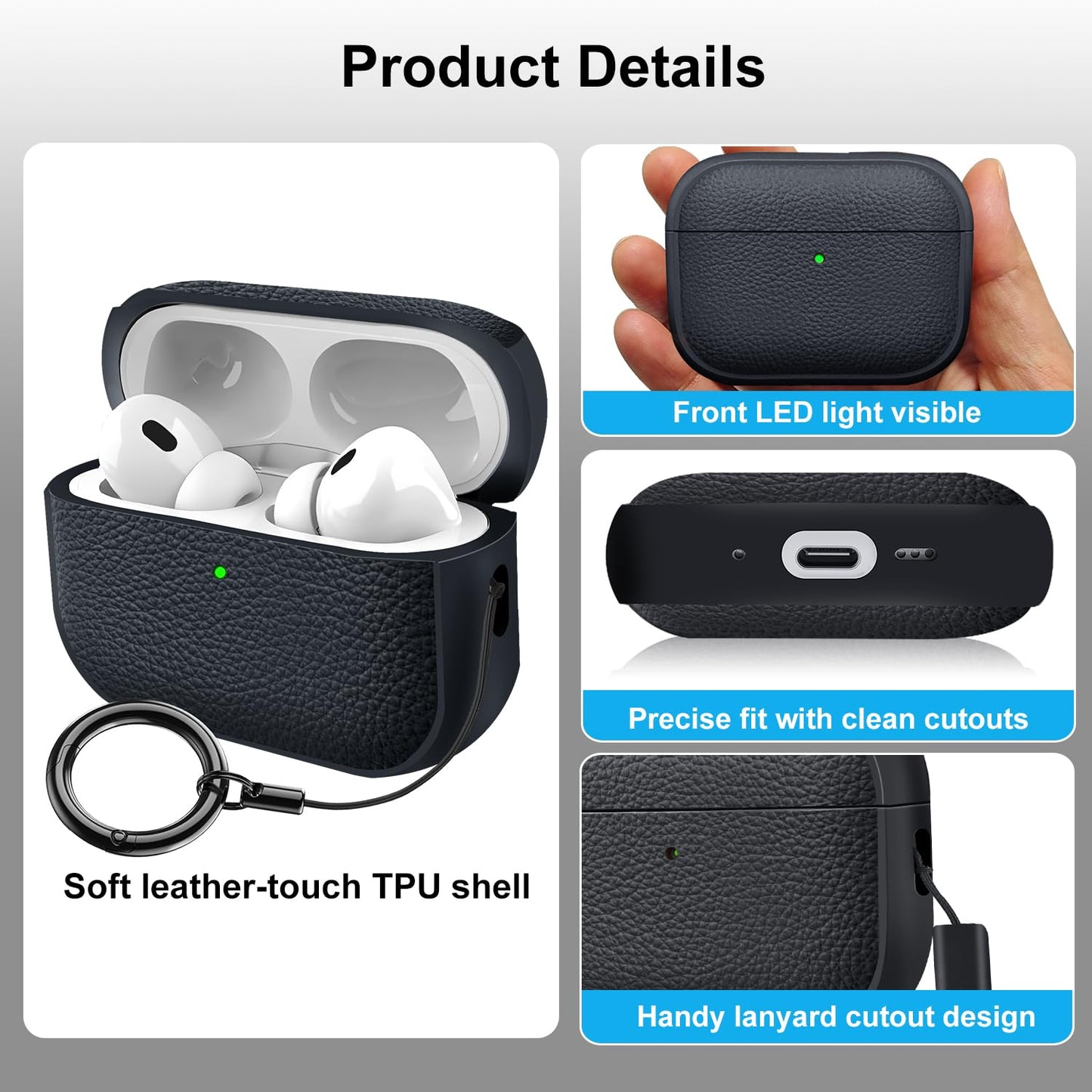 Case for AirPods Pro 3 (2025 Release), Leather-Texture TPU Shockproof Protective Cover with Keychain, Wrist Strap, Front LED Visible - Navy Blue
