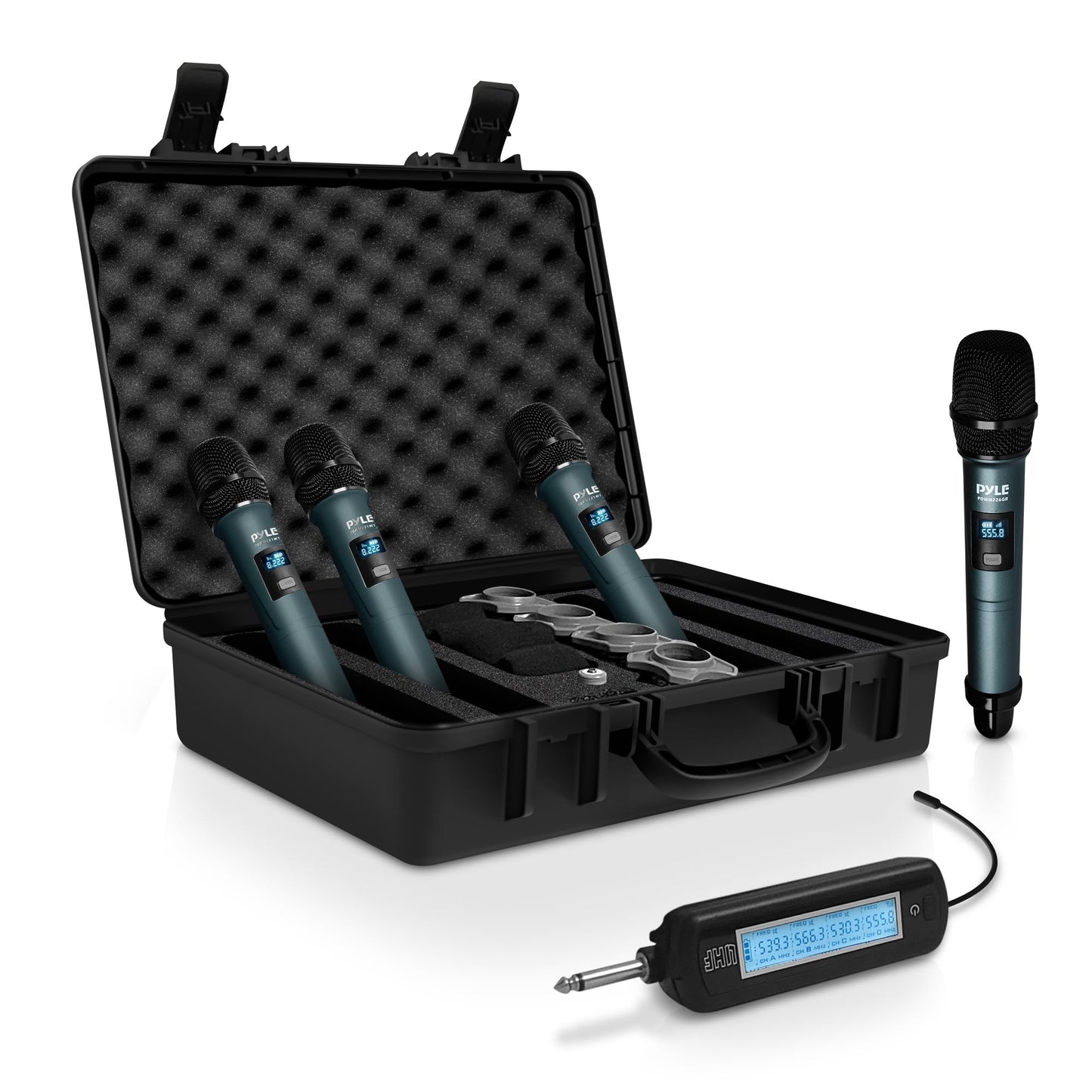 Pyle Portable UHF Band Receiver System, 4 Channel Wireless Microphone System Independent Channel Controls, RF Signal LCD Indicator, Digital Audio