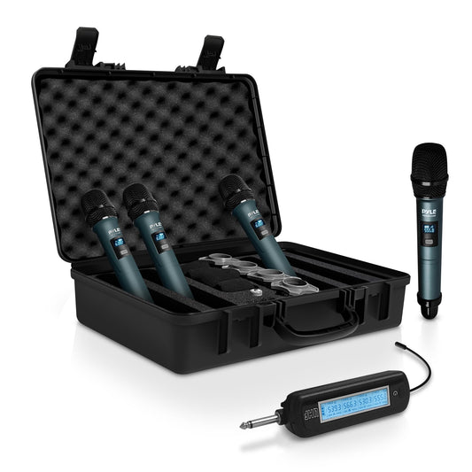 Pyle Portable UHF Band Receiver System, 4 Channel Wireless Microphone System Independent Channel Controls, RF Signal LCD Indicator, Digital Audio