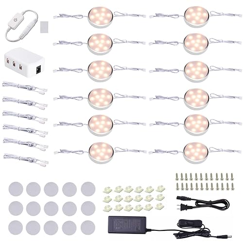 Puck Lights Under Cabinet Lighting,12V LED Dimmable Kitchen Counter Lights Wired,Perfect for Closet Shelf Cupboard Book Case Display Lighting,All Kits