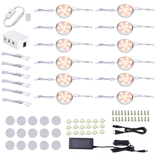 Puck Lights Under Cabinet Lighting,12V LED Dimmable Kitchen Counter Lights Wired,Perfect for Closet Shelf Cupboard Book Case Display Lighting,All Kits