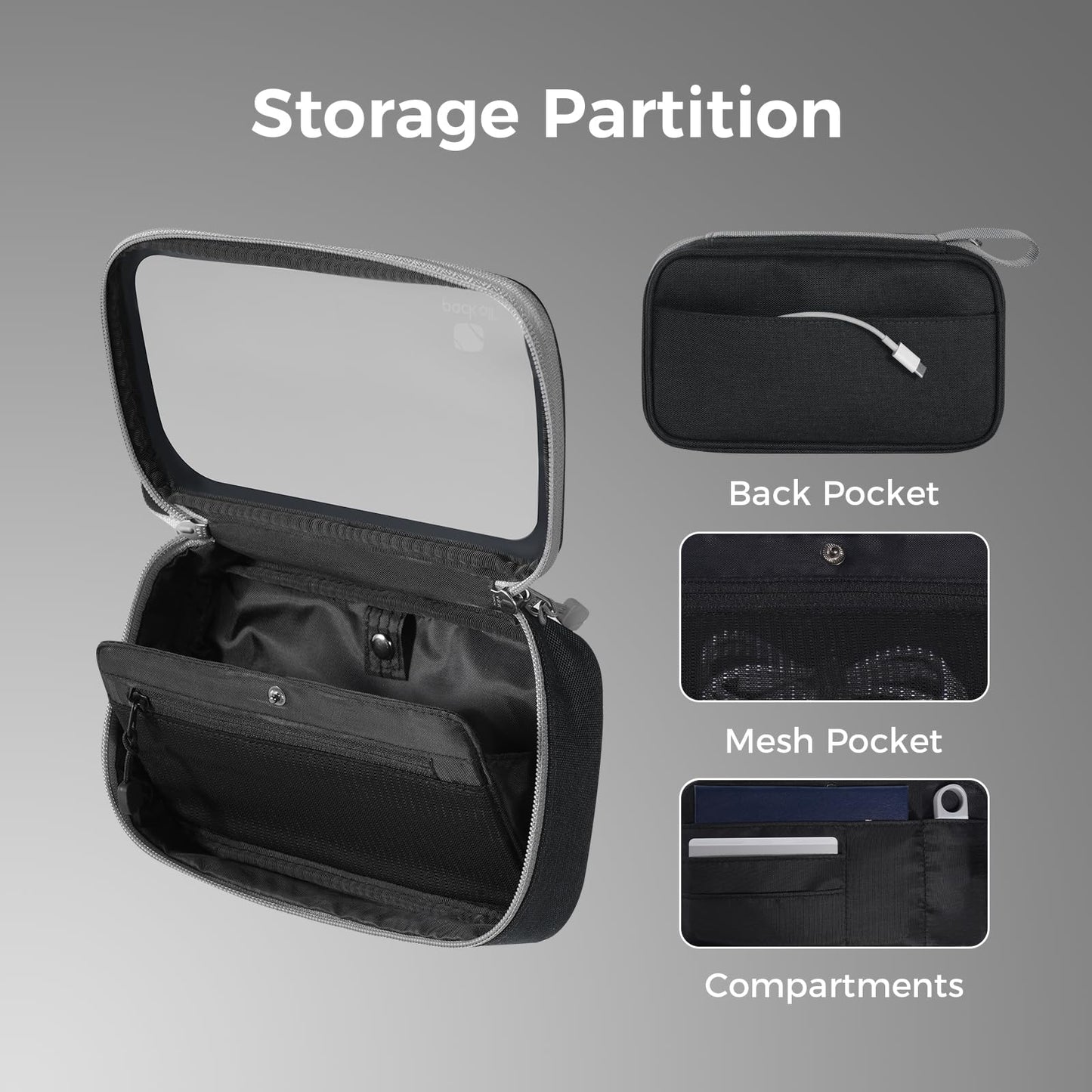 pack all Clear Electronic Organizer, TPU Cable Organizer Bag, Compact Cord Travel Organizer for Cables, Chargers, Phones, USB Cords, SD Cards (Black)