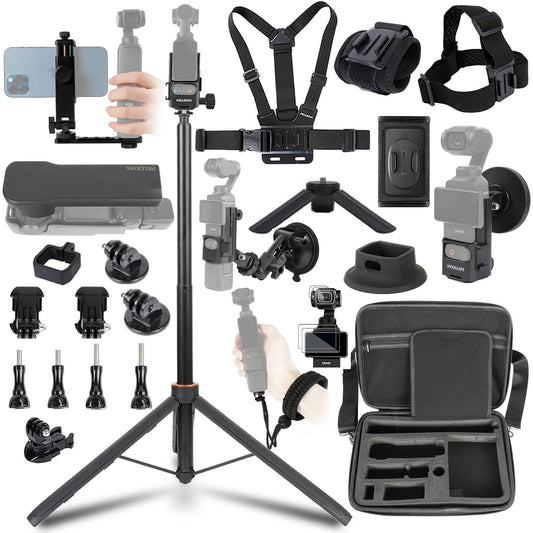 PellKing Accessories Kit for Osmo Pocket 3/Xtra Muse,Included Carrying Case with Belt,135cm Selfie Stick Tripod,Suction Cup,Magnetic Mount,4 Pcs Body