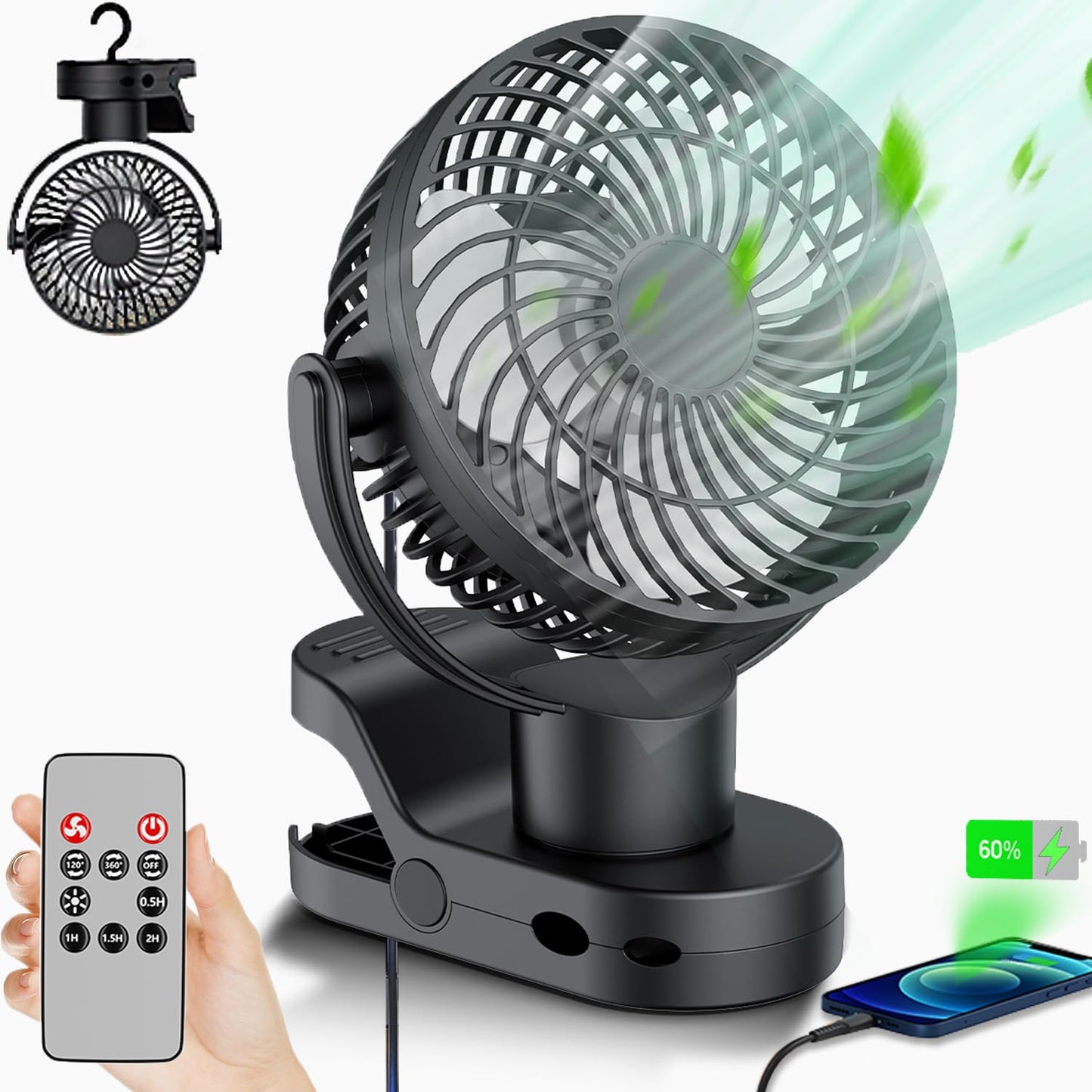 Leeyalan 10000mAh Clip on Fan Rechargeable,2024 Updated,Hangable Fan with Lights and Remote, Desk Fan USB Plug in with Sturdy Clamp,3 Speeds,Mute