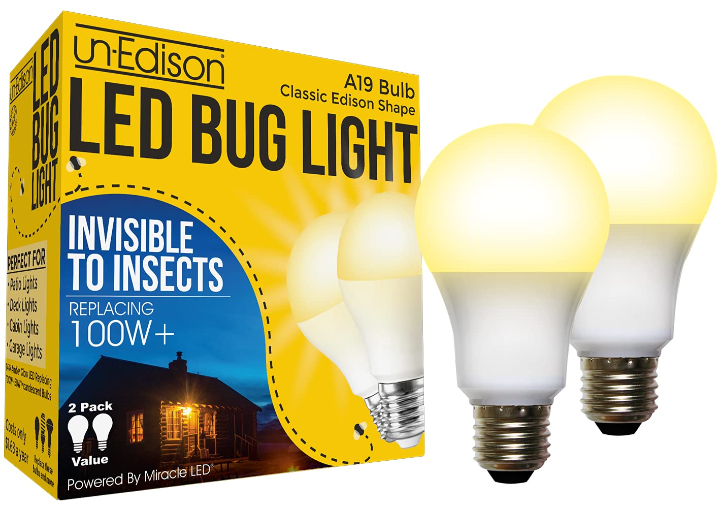 Un-Edison A19 LED Bug Light - Replaces 100W - Yellow Spectrum E26 Medium Outdoor Bulb for Porch Patio & Deck - Upgrade Your Old Painted Incandescent
