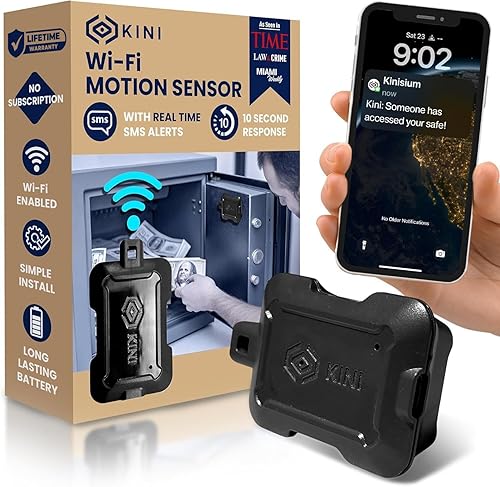 Instant Kini Safe Alert Wi-Fi Motion Sensor Alarm - Real-time SMS, Email, IFTTT - Great for Gun Safes, Cabinets, Office - Easy Install, No