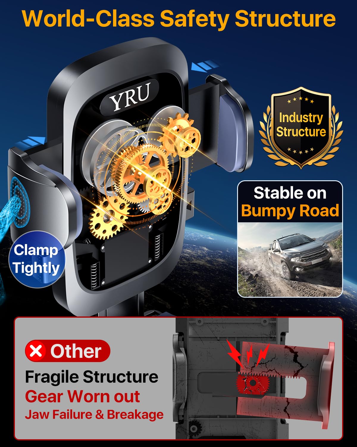 [True Upgrade for Safety] YRU Car Phone Holder Mount [Patent & Military-Grade] Dashboard Cell Phone Holder for Car Vent Windshield Phone Stand