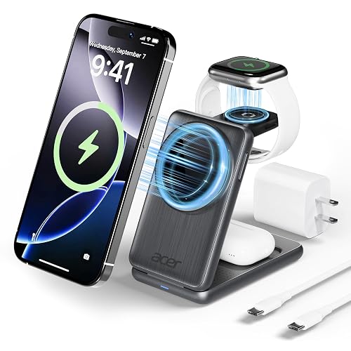 Acer 3 in 1 Charging Station for Apple Device, Magnetic Palm-Sized Foldable Fast Charger Stand Compatible with MagSafe for iPhone 17, Apple Watch