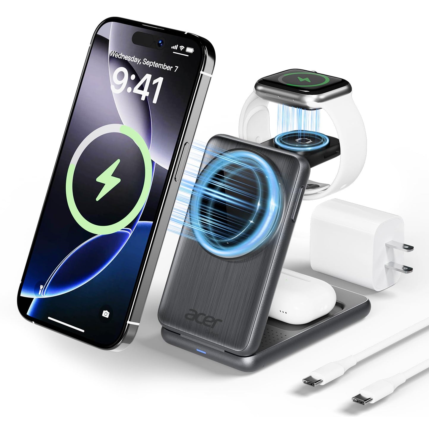 Acer 3 in 1 Charging Station for Apple Device, Magnetic Palm-Sized Foldable Fast Charger Stand Compatible with MagSafe for iPhone 17, Apple Watch