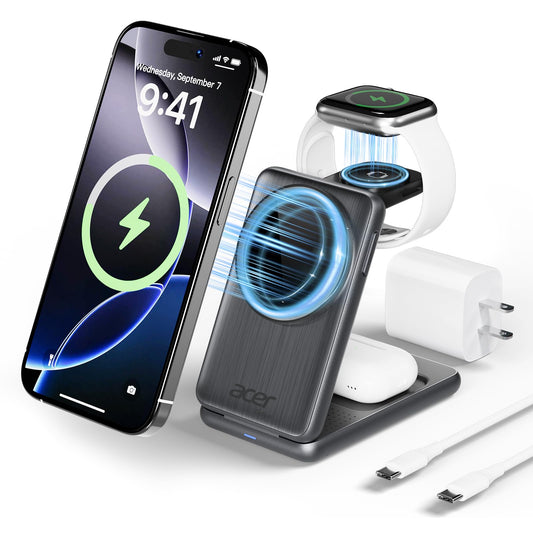 Acer 3 in 1 Charging Station for Apple Device, Magnetic Palm-Sized Foldable Fast Charger Stand Compatible with MagSafe for iPhone 17, Apple Watch