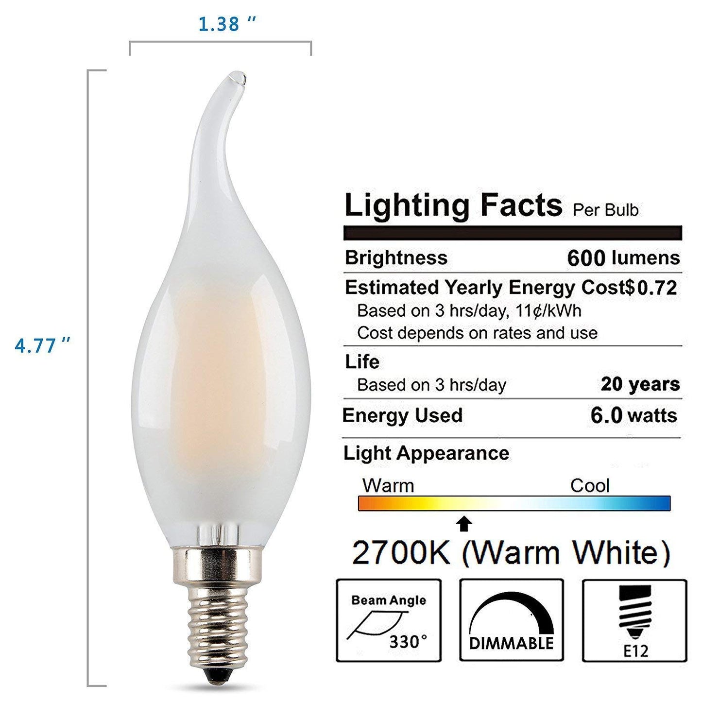 PANLAVIE LED Candelabra Bulb 6W Dimmable, 60W Equivalent, Vintage Classic Edison Style, Frosted Glass Light Bulbs, C35/CA10 Flame Tip, E12 Base, Soft