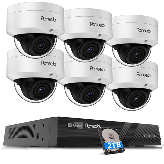PANOOB PoE Security Camera System, 6X Wired 5MP IK10 Vandal-Proof PoE Dome Cameras Outdoor with Person Detection, 100ft IR Night Vision, Remote