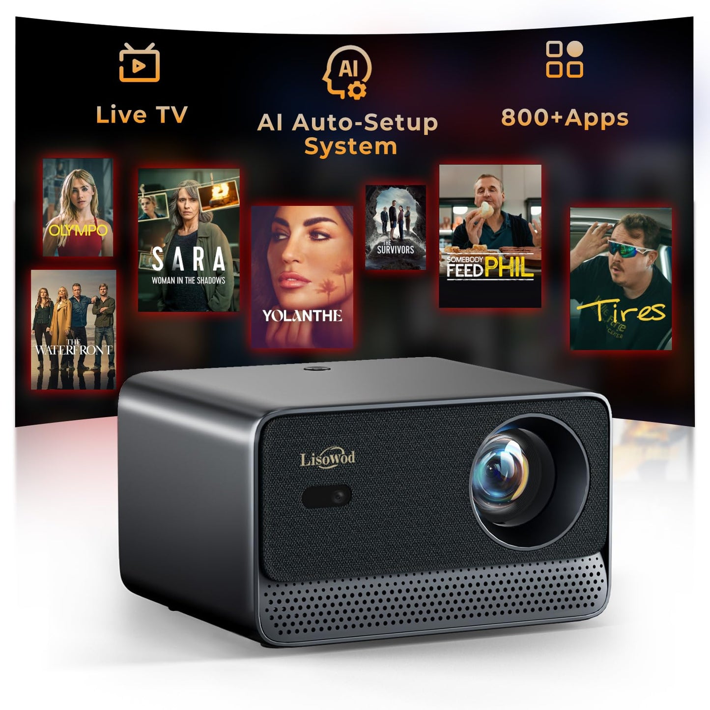 Projector with WiFi and Bluetooth: [1800 ANSI/Ai Auto Focus/800+ Apps/Compatible with Netflix] Outdoor-Projector 4K Support 1080P Smart Live TV Movie