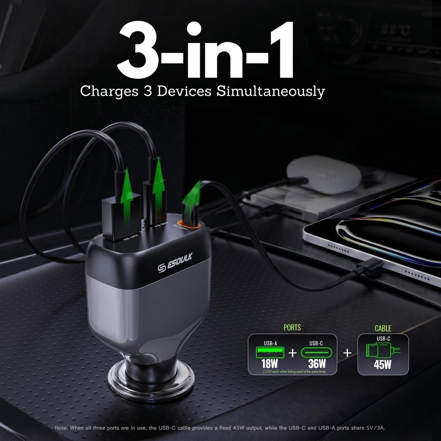 [Esoulk] 81W Retractable Car Charger, 3-Port USB C & USB A Fast Charging Adapter with Built-in 45W Cable for iPhone 17/16/15, for Samsung Galaxy, iPad