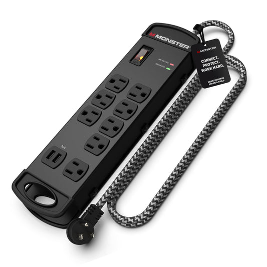 Monster Pro MI Surge Protector Power Strip, 8 Outlets, 2 USB Ports, 240V, 1960 Joules, 15 ft Cord, Type B Plug, Black, Metal Enclosure