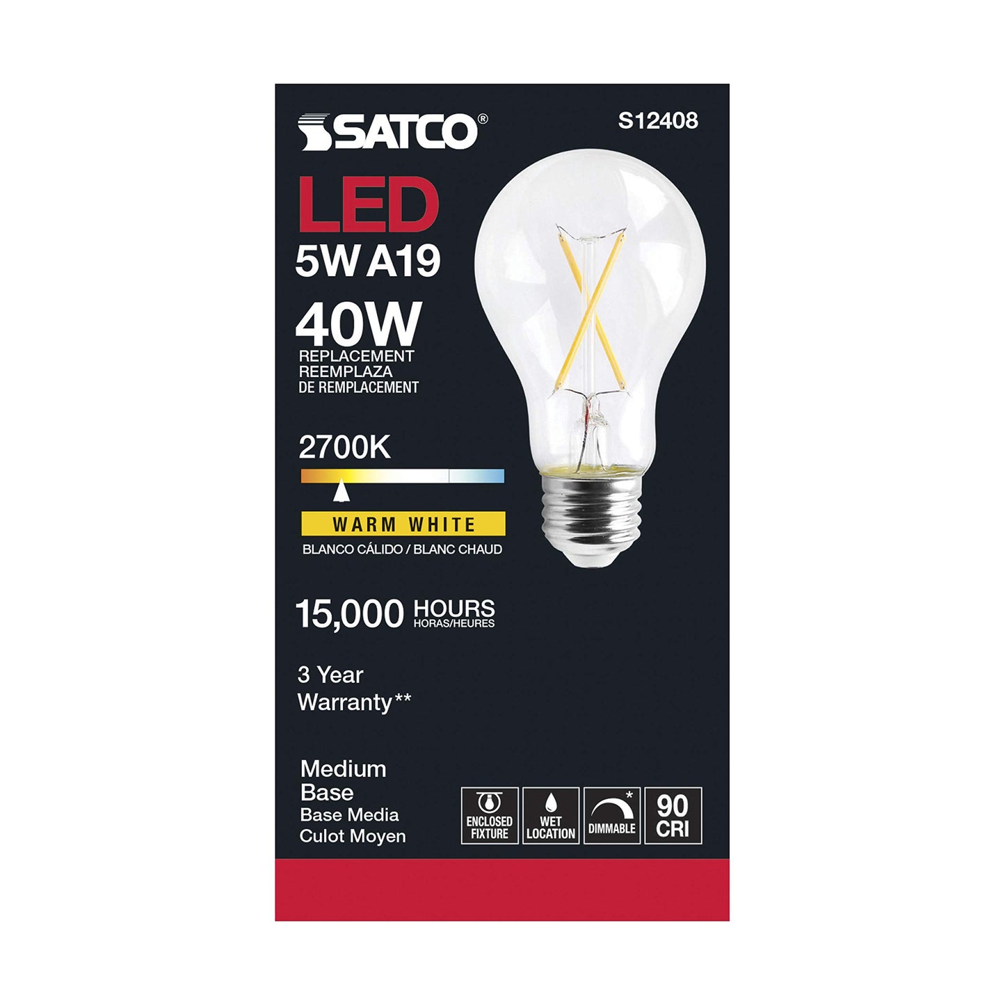 Satco S12408, Clear, Medium Base, 2700K, 90 CRI, 120 Volt, 5 Watt LED A19 Bulb