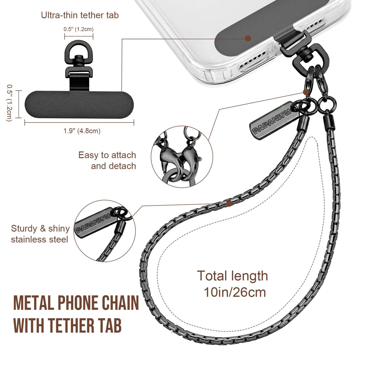 Dadanism Phone Wrist Strap Metal Phone Chain Wristlet Strap, Black