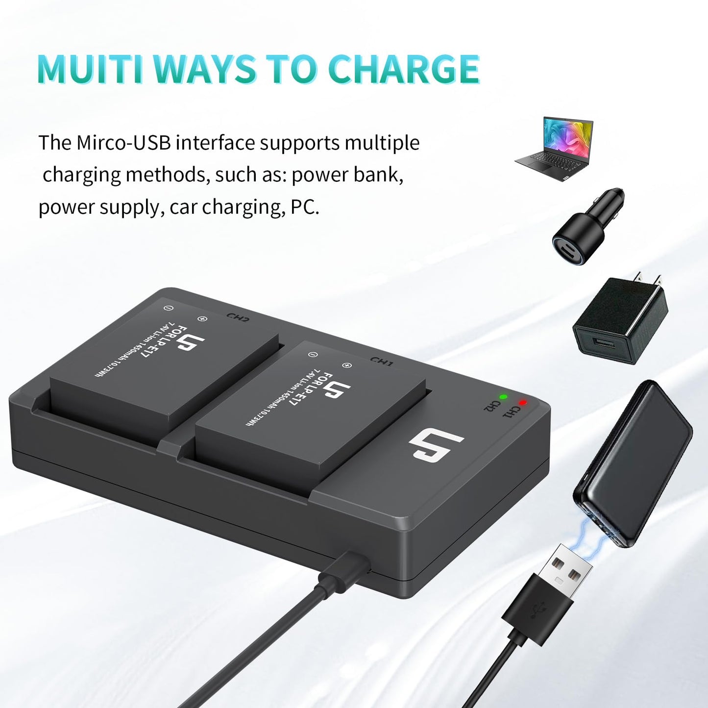 LP LP-E17 Battery Charger Pack, Compatible with Canon EOS R8, R10, R50, RP, Rebel T6i, T7i, T8i, T6s, SL2, SL3, EOS 77D, 200D, 750D, 760D, 800D