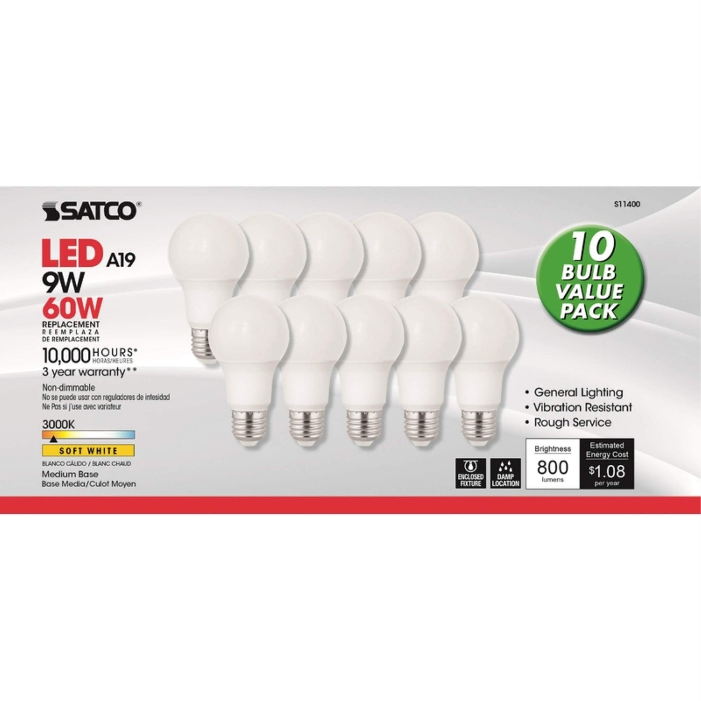 Satco 60W Equivalent Warm White A19 Medium LED Light Bulb (10-Pack) - 1 Each