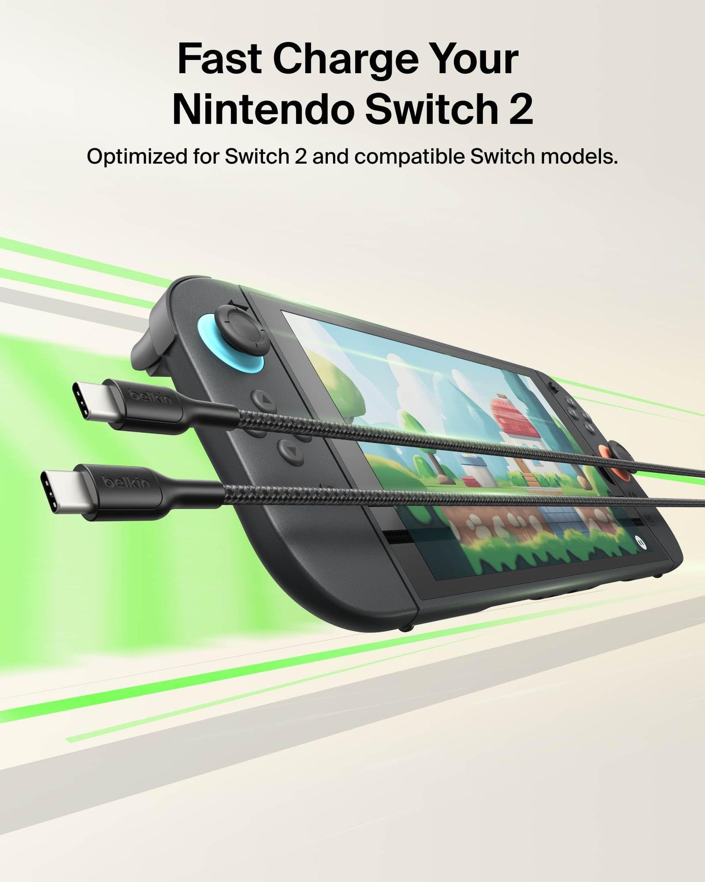 Belkin Gaming USB C to USB C Cable 60W (6.6ft), Braided Type C Charger Fast Charging for Nintendo Switch 2, iPhone 16, iPhone 15, iPad, MacBook Air