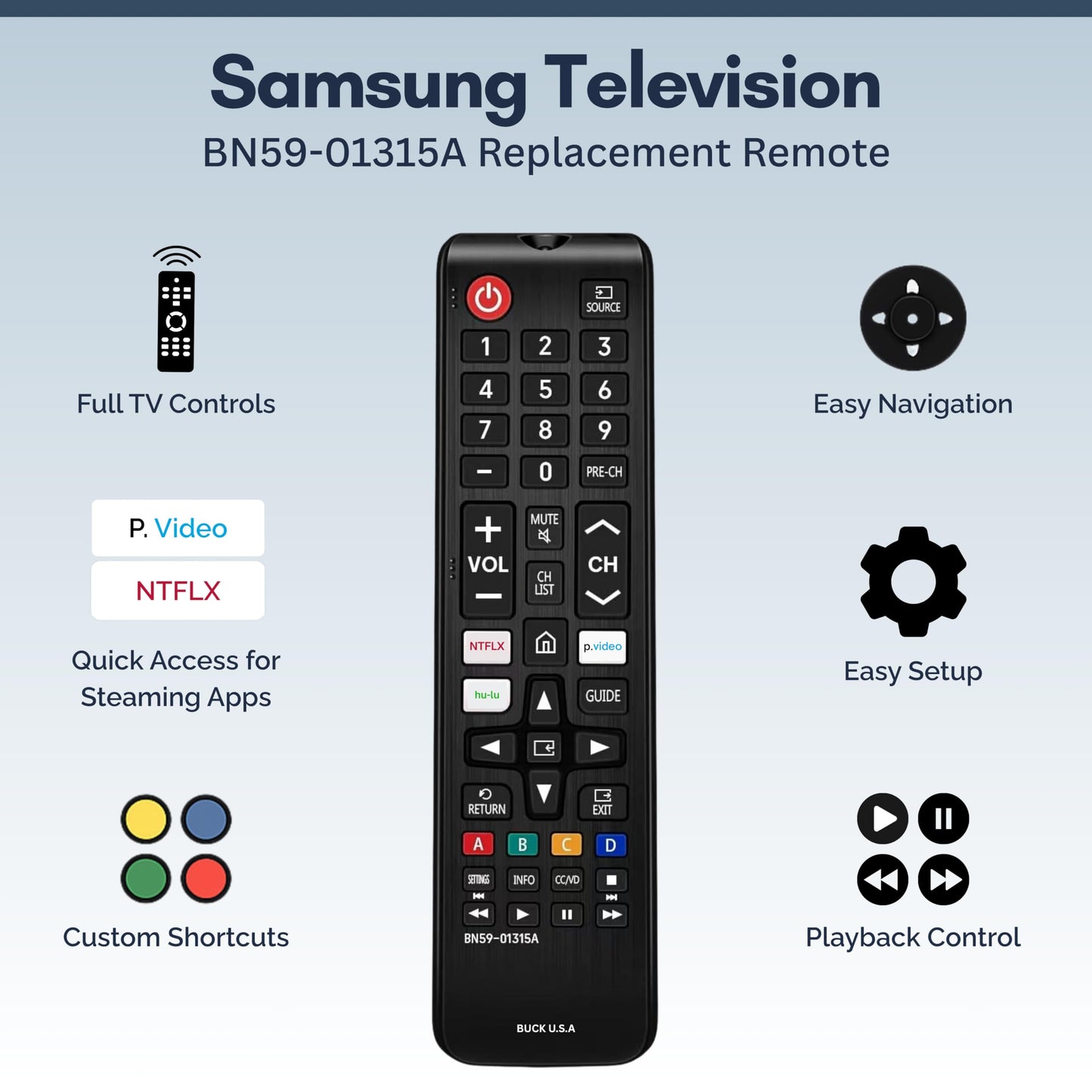 Universal Samsung TV Remote Control Replacement for Smart TV - Easy Setup, Durable Design, Universal Infrared Remote, Streaming Shortcuts - Works